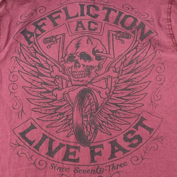 Affliction Shirt Mens XL Burgundy Short Sleeve Button Up Black Premium Live Fast